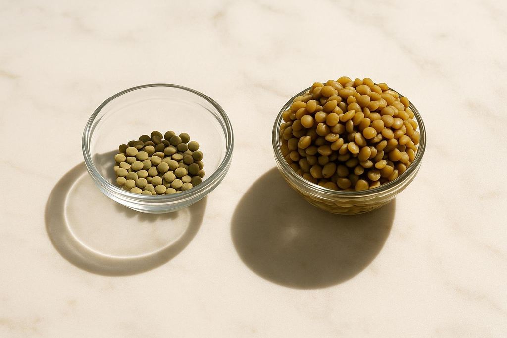 Two identically sized clear glass bowls. On the left, a small amount of raw, light green lentils fills the bottom of the bowl. On the right, the bowl is overflowing with cooked, plump, darker green lentils, illustrating how much lentils expand when cooked.