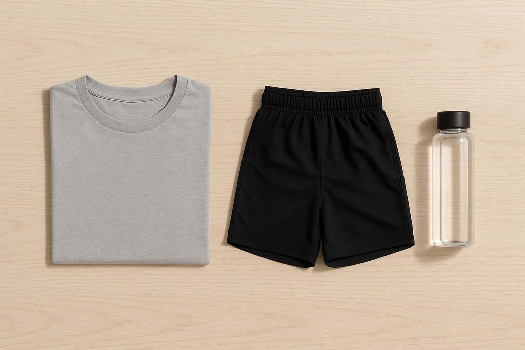 A flat lay of exercise items on a light wood surface, including a folded gray t-shirt, black athletic shorts, and a clear water bottle with a black cap.