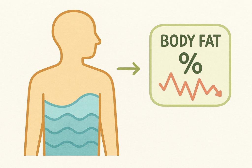 Illustration showing a body with water in the lower half, with an arrow pointing to a box with "BODY FAT %" and a wavy line indicating fluctuating body fat percentage readings.