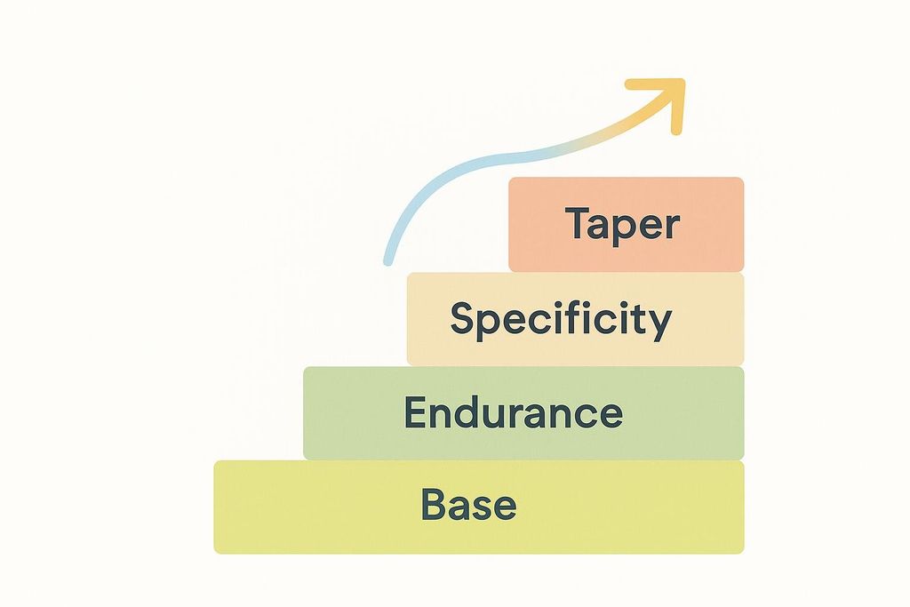 Illustration showing four stacked blocks labeled from bottom to top: Base, Endurance, Specificity, Taper, with an arrow curving up and to the right.
