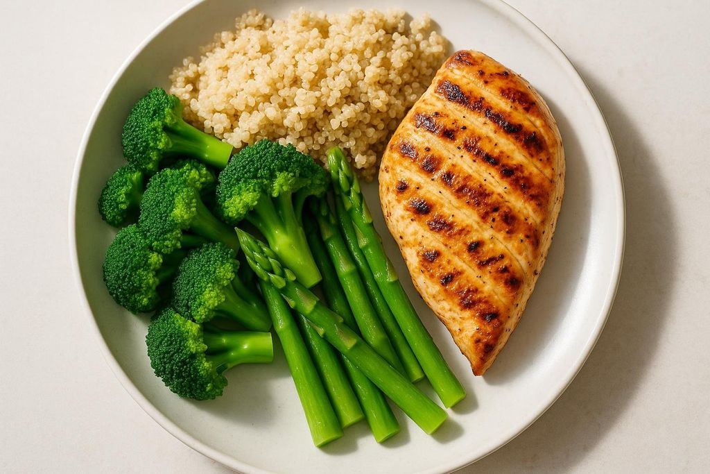 A nutritious meal on a white plate featuring a grilled chicken breast with grill marks, a serving of quinoa, and steamed green vegetables including broccoli florets and asparagus spears.