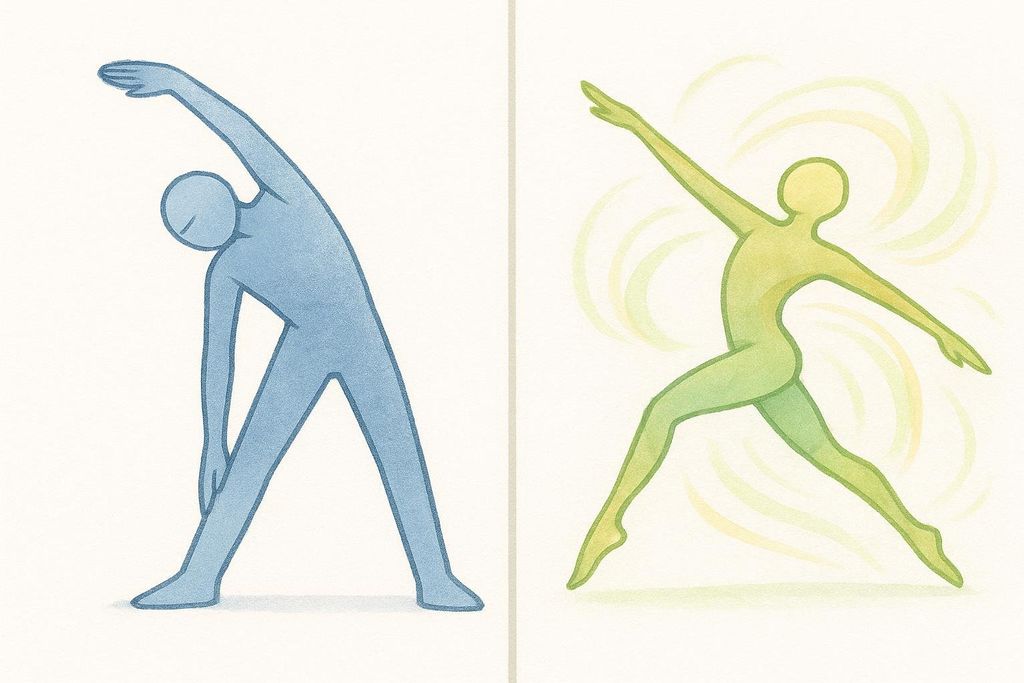 An illustration comparing a stiff blue figure performing a static side bend stretch to a fluid green figure in a dynamic lunge with arms outstretched, surrounded by swirling lines indicating movement.