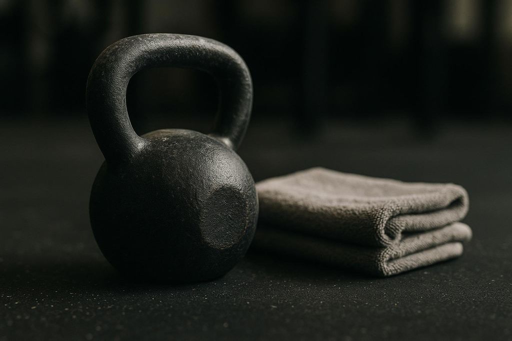 A black kettlebell and a folded gray towel rest on a speckled black gym floor, with a dark, blurred background.