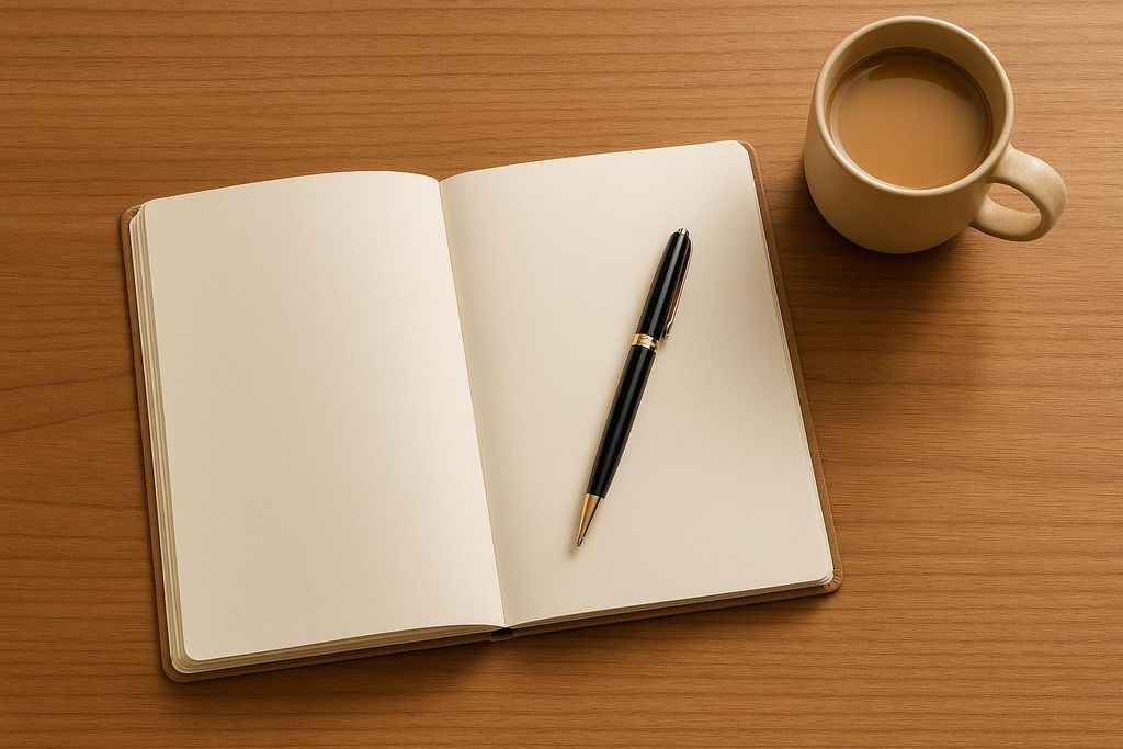 A black pen resting on the blank pages of an open notebook, positioned next to a mug filled with a light brown beverage, likely coffee or tea, all on a warm wooden surface.