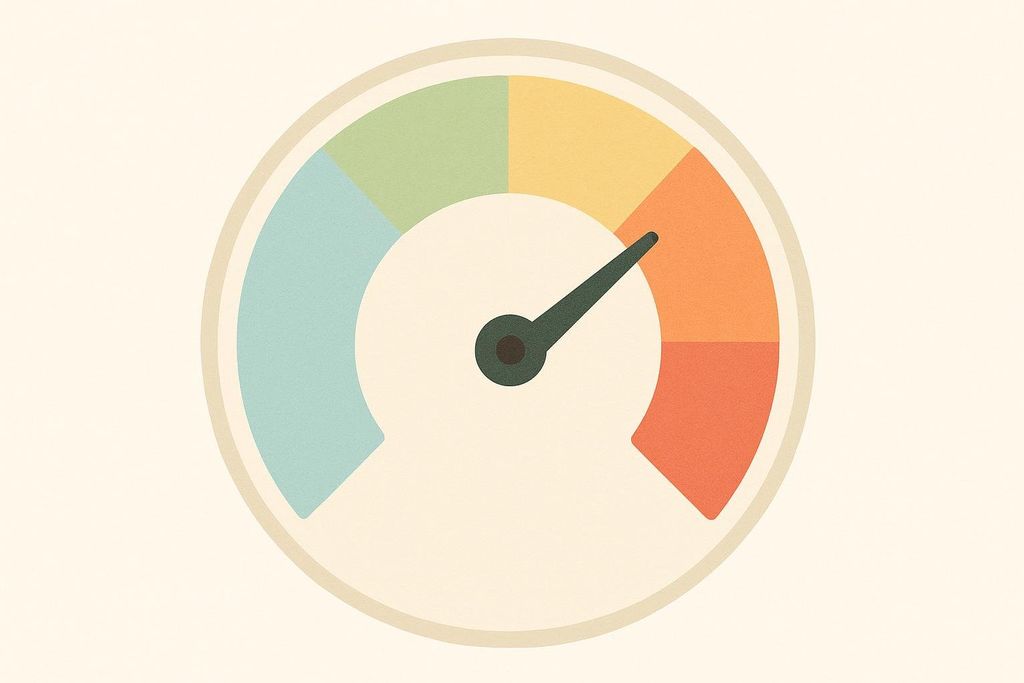 An illustration of a gauge with five colored sections representing heart rate zones from low to high intensity. The needle points to the yellow-orange section, indicating a moderate intensity.