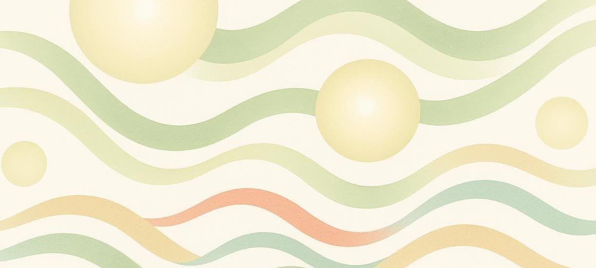 Abstract illustration featuring glowing yellow orbs floating above colorful wavy lines in shades of green, orange, and yellow.