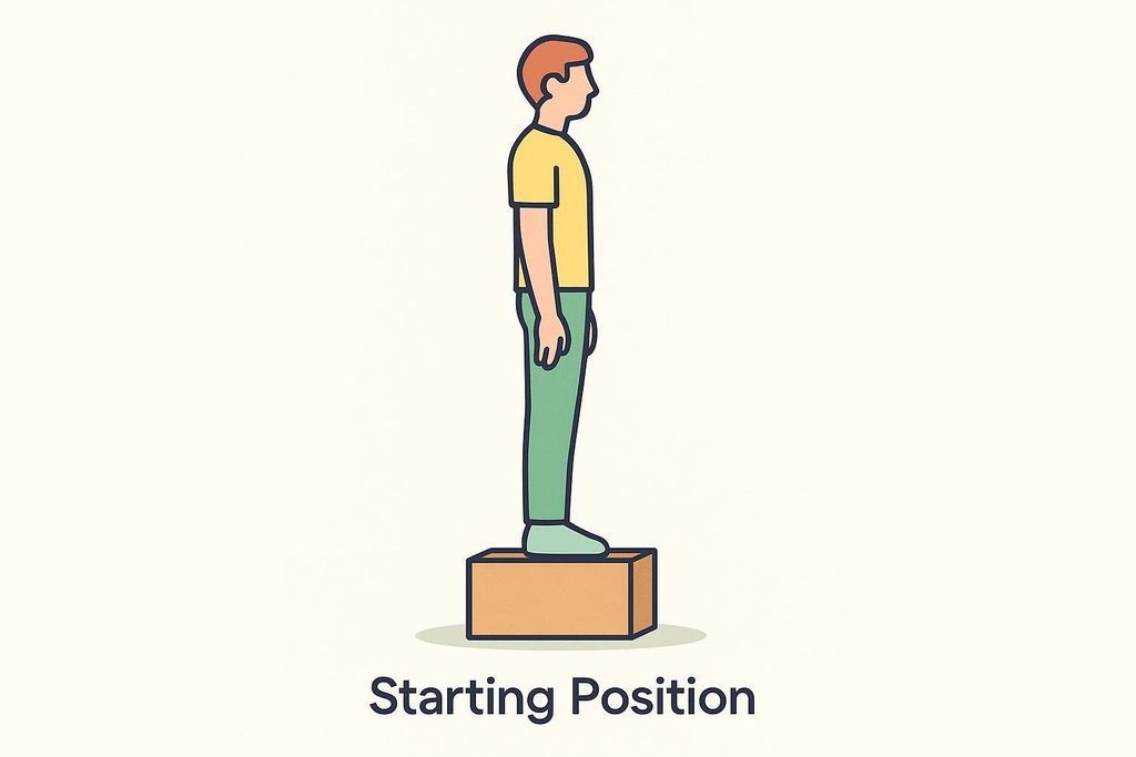 An illustration of a person standing upright on a block, representing the starting position of a Jefferson Curl exercise. The person is drawn in profile, facing left, with a yellow shirt and green pants.