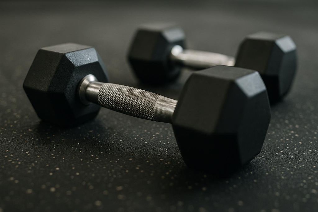 Two black hexagonal dumbbells resting on a dark, speckled gym floor. The knurled chrome handle of the front dumbbell is in sharp focus.