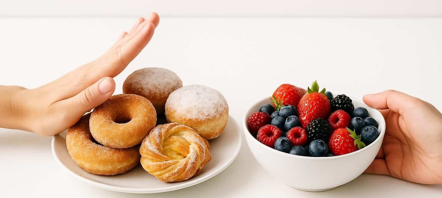 A person's hand pushes away a plate of sugary donuts and pastries while the other hand holds a bowl filled with fresh berries, symbolizing a healthy food choice.