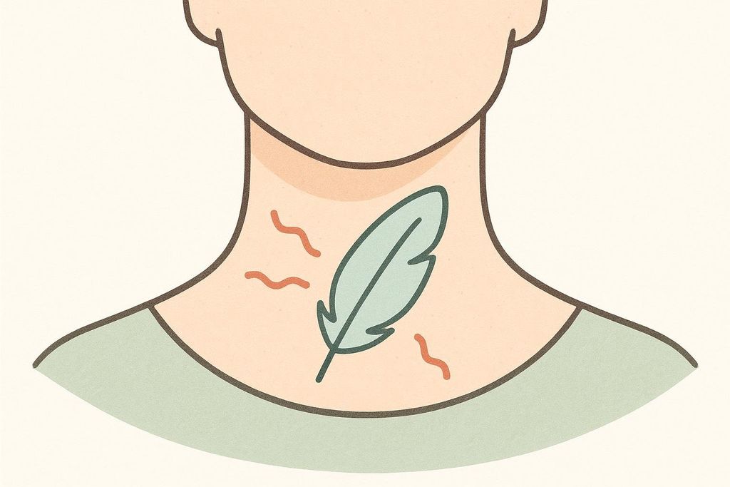 An abstract illustration of a person's neck and upper chest. A light blue feather is shown in the throat area, surrounded by small wavy reddish-brown lines, symbolizing a tickle or irritation leading to a cough.