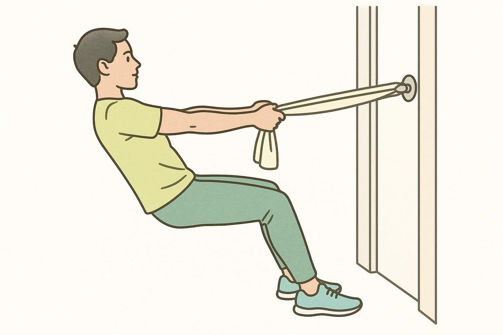 An instructional illustration showing how to perform a doorframe towel row, a bodyweight pulling exercise. A person leans back, holding a towel wrapped around a door handle, pulling themselves forward.