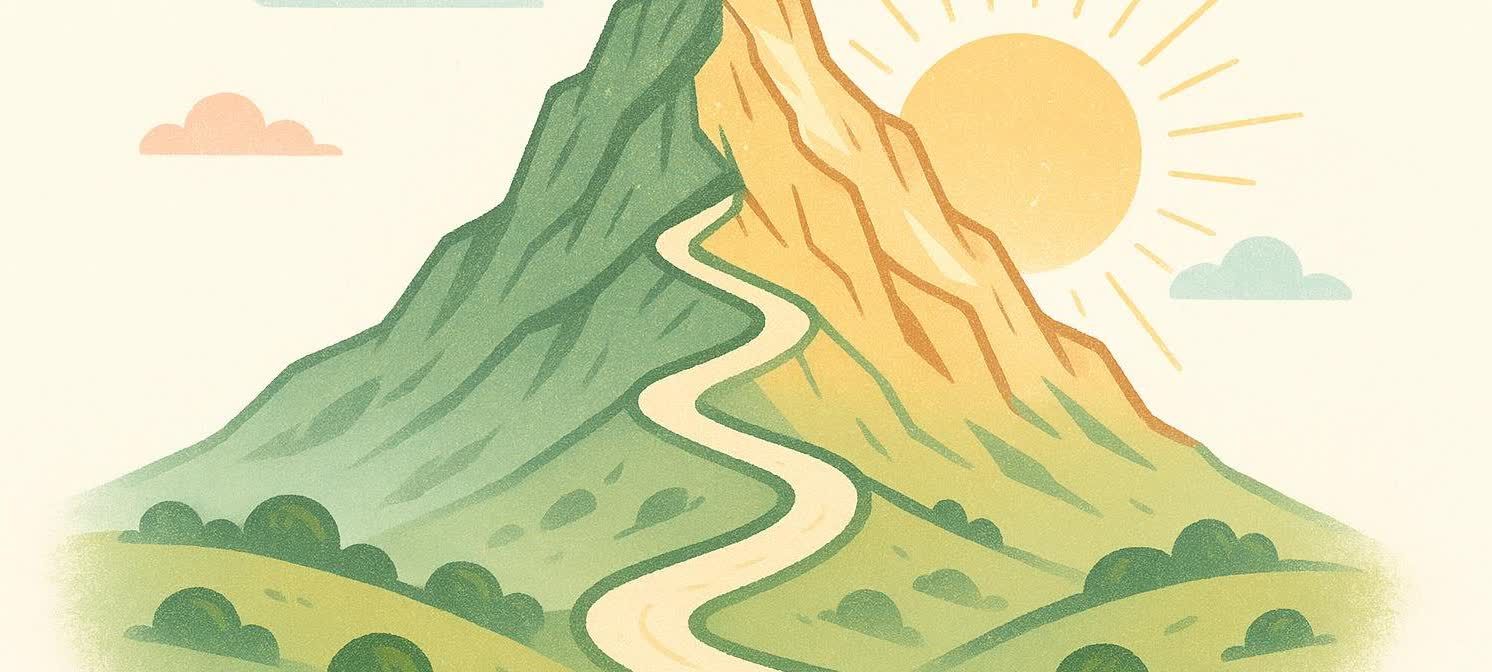 Illustration of a winding path leading up the side of a green and yellow mountain towards a bright yellow sun in the sky. This symbolizes the journey and achievement of reaching a challenging goal, like the 75 Hard challenge.