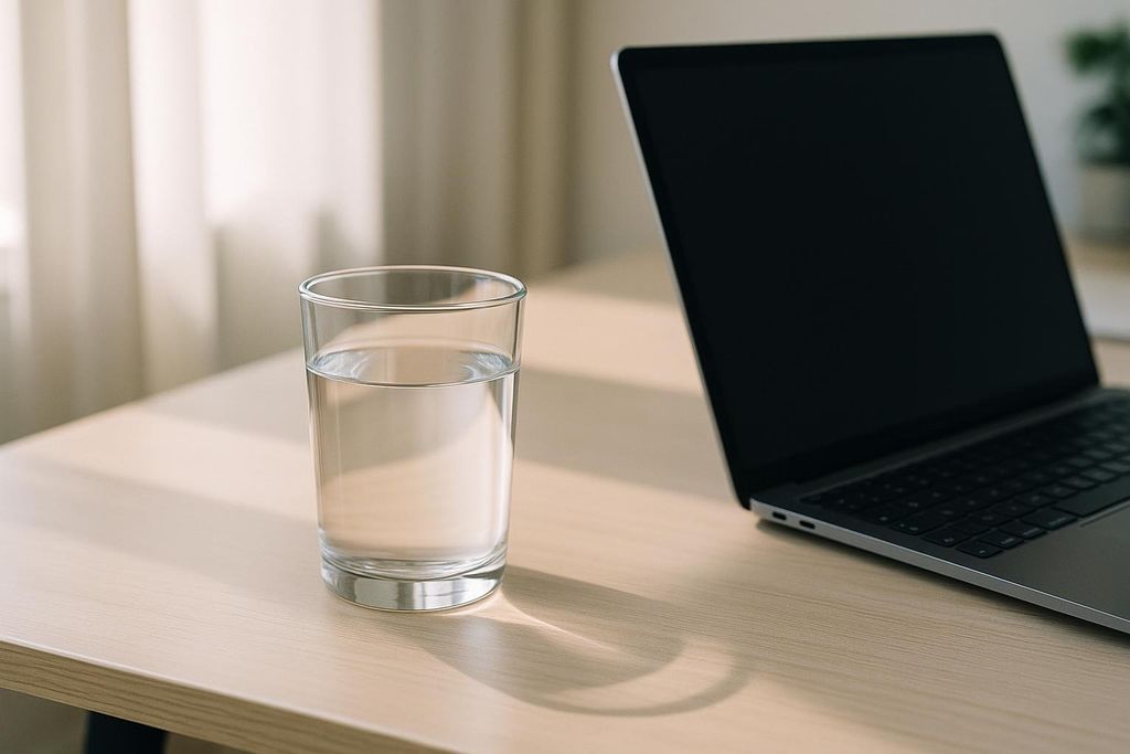 A clear glass of water sits on a light wooden desk next to a partially visible, black laptop. Sunlight casts a shadow from the glass.