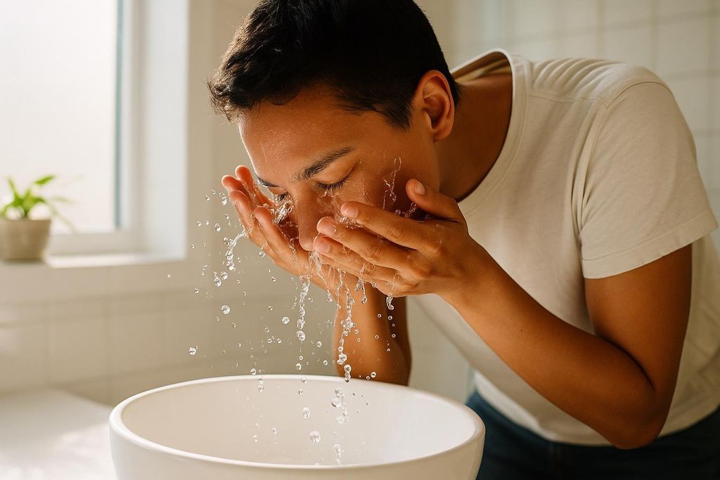 A person washing their face with cold water, cupping their hands to splash water onto their face, with water droplets falling into a white sink below. Their eyes are closed, and they are wearing a light-colored t-shirt.