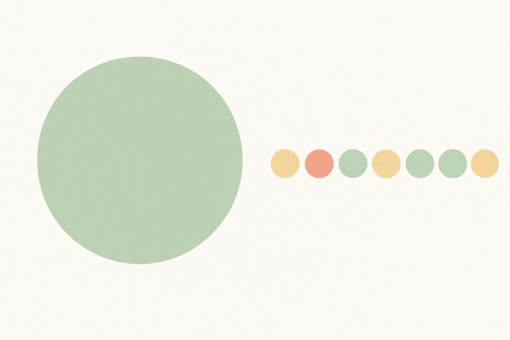 Abstract graphic comparing a large green circle representing one weekly dose to seven smaller circles (alternating peach, yellow, and green) arranged in a line, representing seven daily doses.