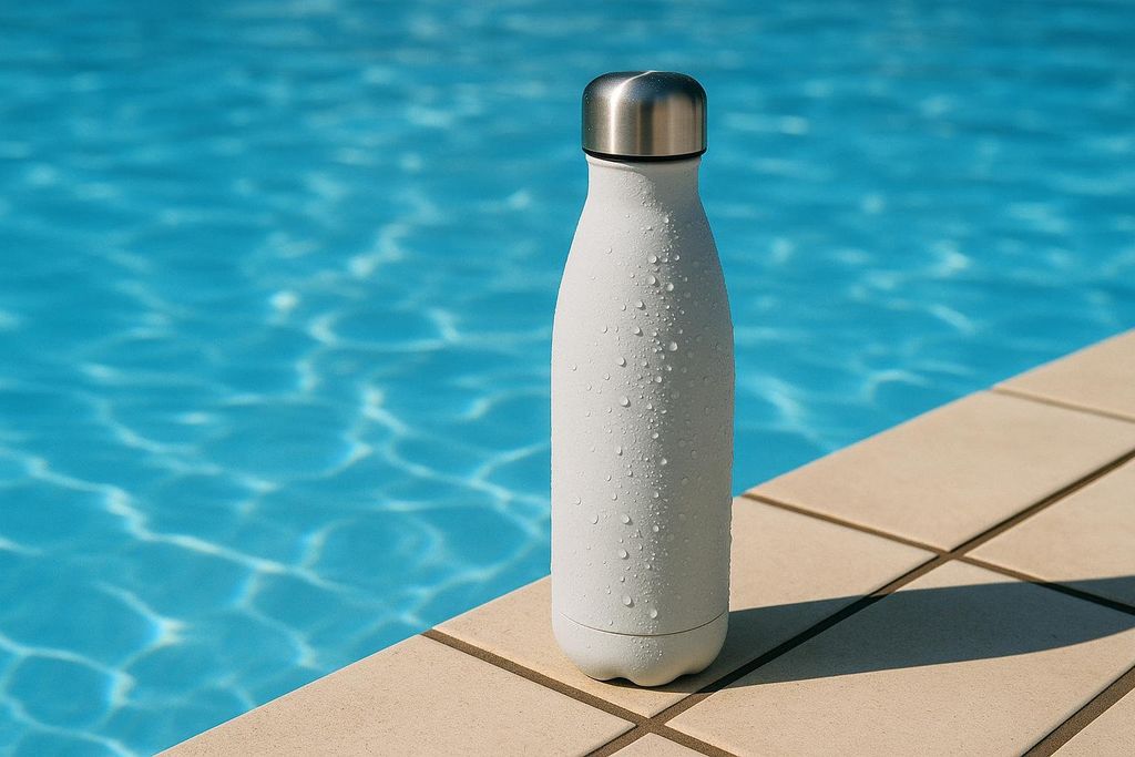 A white insulated water bottle with water droplets on its surface stands on the tiled edge of a swimming pool. The bright blue water of the pool is visible in the background.