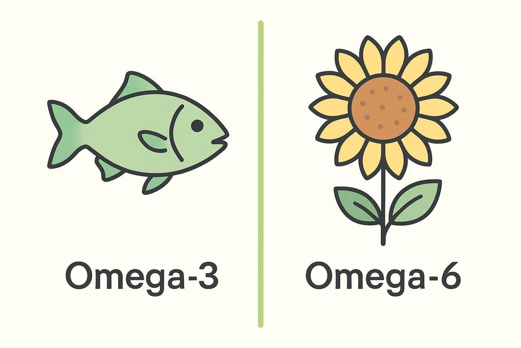 A diagram showing a green fish on the left representing Omega-3, and a yellow sunflower on the right representing Omega-6, separated by a light green vertical line.