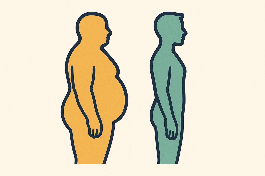Vector illustration showing two human silhouettes side-by-side in profile, on a light cream background. The silhouette on the left is colored orange with a wider midsection, representing an overweight person. The silhouette on the right is colored teal, with a much slimmer and more athletic profile, representing a fit or healthy weight person. The outlines are in a dark blue.
