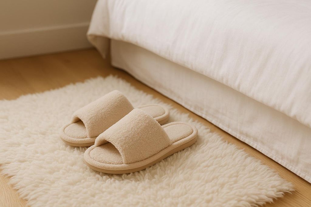 A pair of light beige, plush cotton slippers rest on a shaggy white rug next to a bed with white bedding. The wooden floor and a white baseboard are visible in the background.