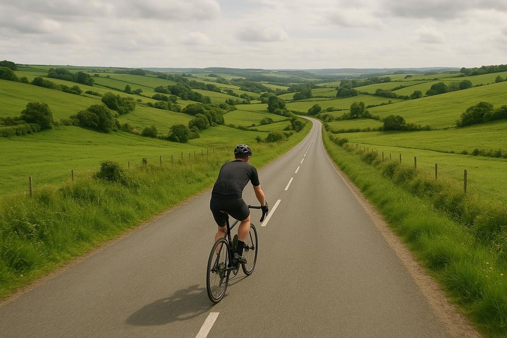 A cyclist in black activewear and a helmet rides away from the viewer on a long, winding country road. The road is surrounded by rolling green hills and trees under a cloudy sky. This image represents a steady, moderate RPE (Rate of Perceived Exertion) pace for aerobic training.