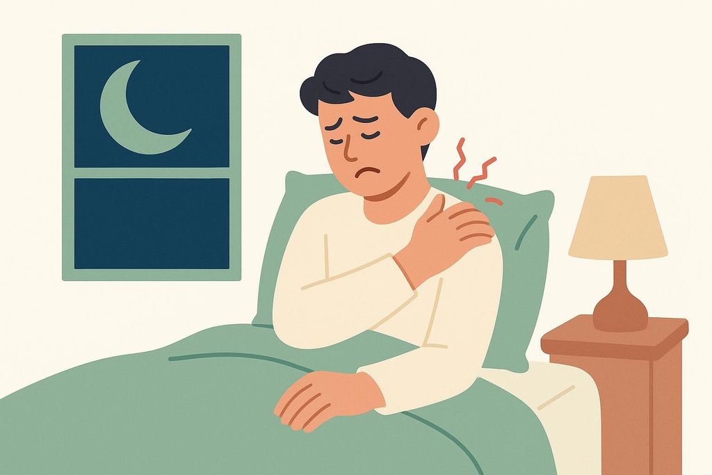 An illustration of a man sitting up in bed at night, holding his shoulder, indicating pain with red squiggly lines around the area. A window with a crescent moon is visible in the background, along with a bedside lamp.