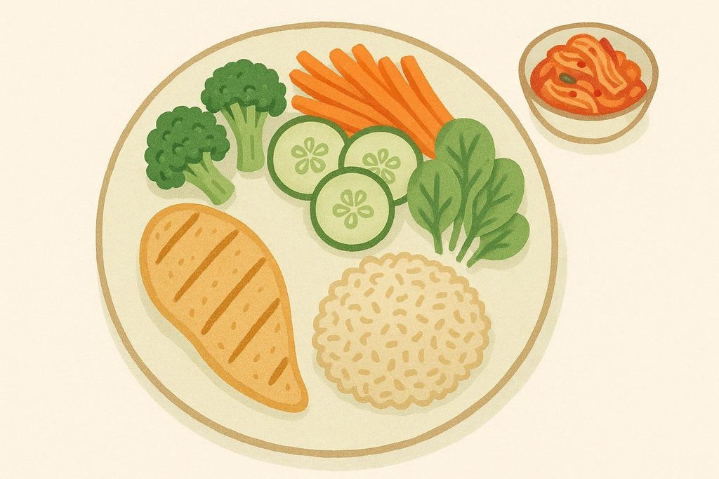 Illustration showing a balanced plate with grilled chicken, brown rice, broccoli, carrot sticks, cucumber slices, and spinach leaves. A small side dish of kimchi is next to the plate.