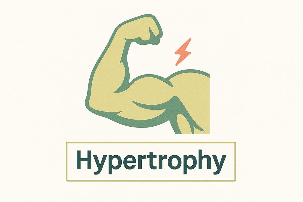 An illustration of a flexing bicep muscle with a red lightning bolt symbol above it. Below the arm, the word "Hypertrophy" is written in a box.