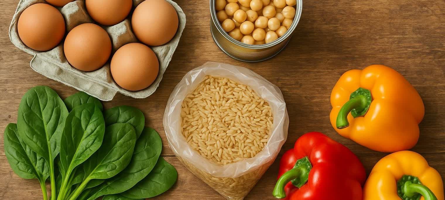 A flat lay of affordable healthy ingredients including eggs, spinach, a bag of orzo pasta, a can of chickpeas, and red and orange bell peppers, all arranged on a wooden table.