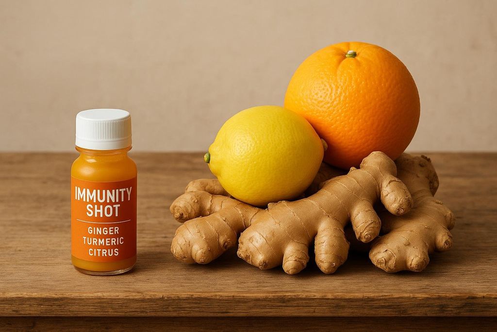 An immunity shot bottle next to its raw ingredients: several pieces of ginger root, a lemon, and an orange, all resting on a wooden surface.