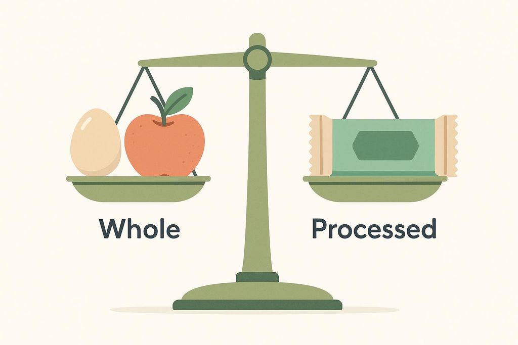 An illustration of a balance scale comparing whole foods against processed foods. On the left, representing 'Whole,' are an egg and an apple. On the right, representing 'Processed,' is a packaged snack bar.