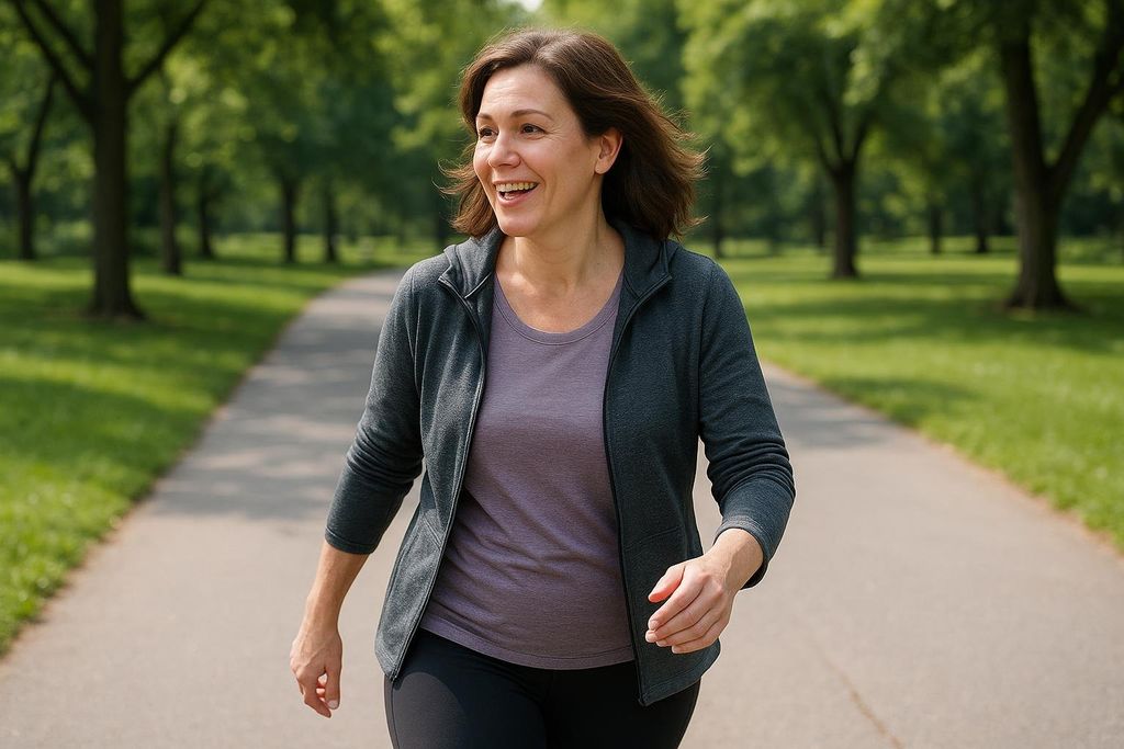 A smiling woman in a grey hoodie and purple shirt engaging in a brisk walk on a paved path in a park with trees and grass, looking to the right.