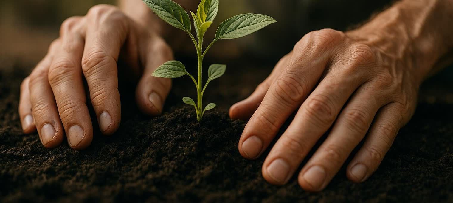 Close-up of two hands tending a small green plant seedling in dark soil. The hands are cupped slightly around the base of the plant.