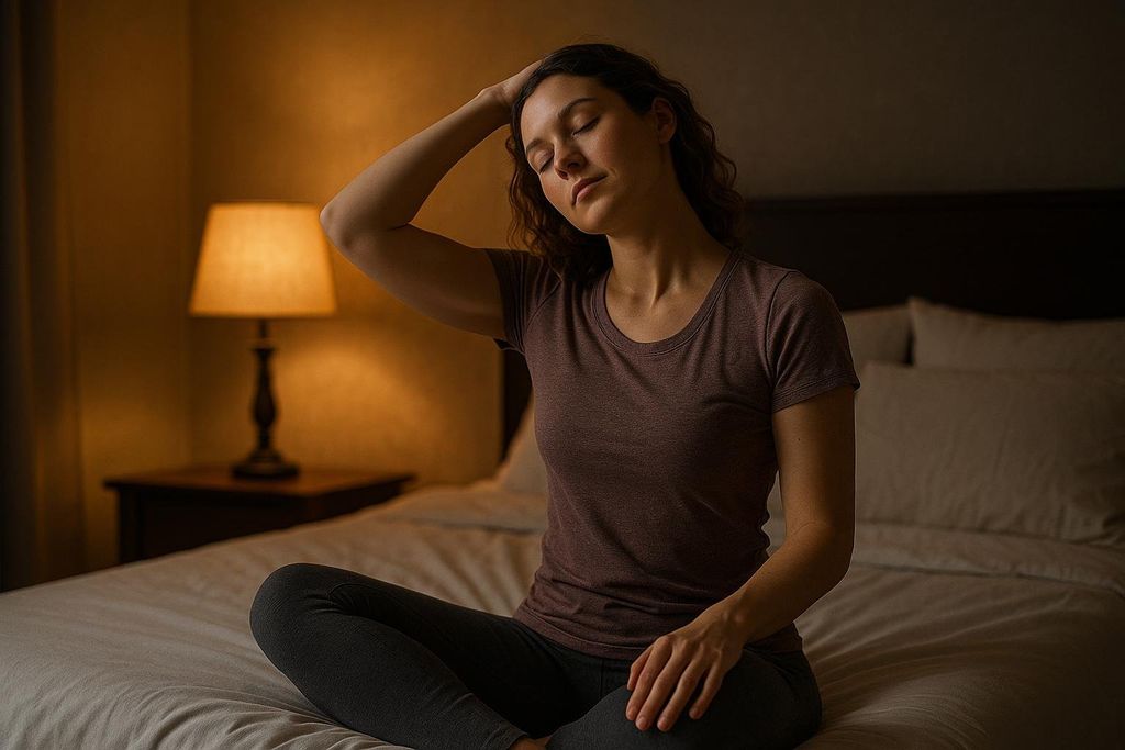 A woman with her eyes closed, sitting cross-legged on a bed, doing a gentle neck stretch by placing her right hand on the left side of her head and pulling softly. The room is dimly lit by a bedside lamp, creating a calm atmosphere for pre-sleep relaxation.