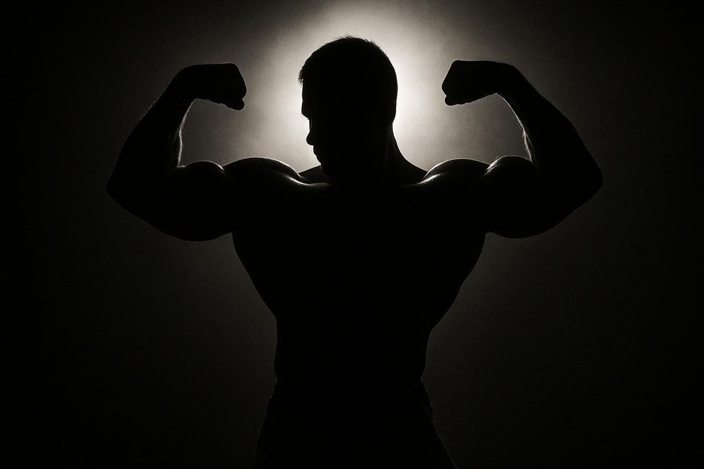 A striking silhouette of a bodybuilder flexing their biceps in a pose, with a bright spotlight behind them creating a dramatic outline against a dark background.