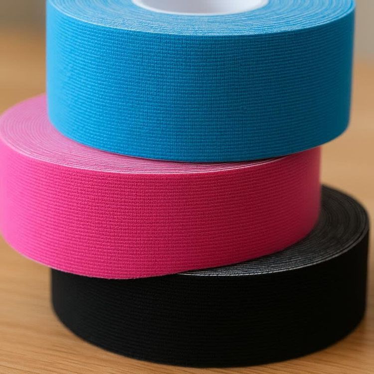 Close-up of three rolls of kinesiology tape stacked on top of each other. The top roll is blue, the middle roll is bright pink, and the bottom roll is black, all with a textured surface.