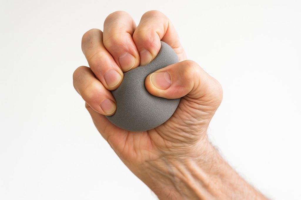 A close-up of a hand squeezing a grey, egg-shaped stress ball, showcasing grip strength or stress relief.