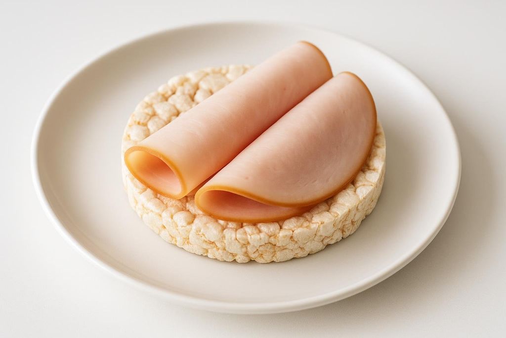 A close-up shot of a single rice cake topped with two rolled slices of turkey breast, resting on a white plate. The image is brightly lit against a white background.