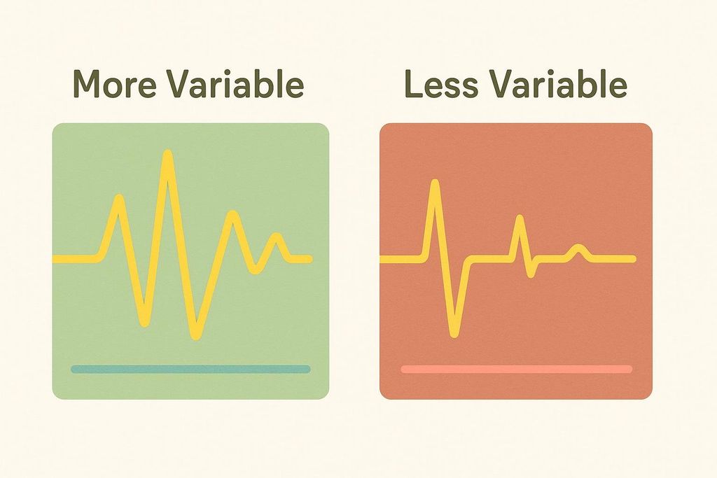 A visual comparison between a higher heart rate variability rhythm, which is more variable, and a lower heart rate variability rhythm, which is more regular.