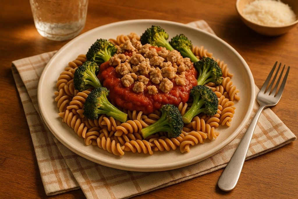 A plate of spiraled lentil pasta with red marinara sauce, topped with crumbled sausage or ground turkey, and surrounded by roasted broccoli florets. A fork rests on a checkered napkin beside the plate, and a glass of water and a bowl of parmesan cheese are in the background.