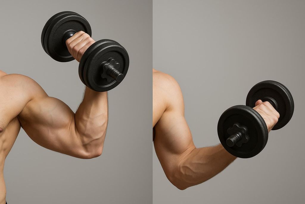 A comparison photo showing the concentric phase (lifting a dumbbell) and the eccentric phase (lowering a dumbbell), illustrating muscle contraction and extension.