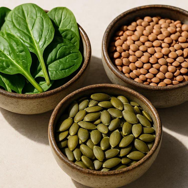 Three small ceramic bowls holding fresh spinach, brown lentils, and pumpkin seeds.
