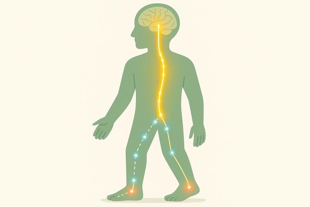 An illustration of a human silhouette showing the proprioceptive nerve pathways. A glowing yellow line extends from the brain down the spine and into the right leg, reaching the ankle. A dotted line with glowing blue and orange points represents the pathway in the left leg, also connecting to the ankle. This illustrates how sensory information travels from the limbs to the brain.