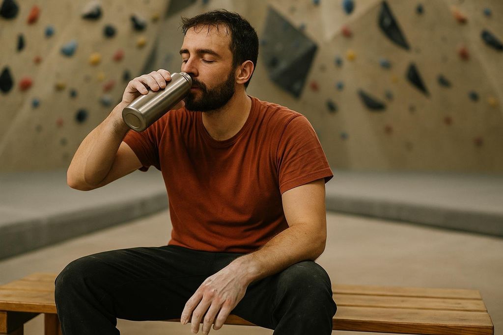 Climber resting and hydrating on a bench by a climbing wall