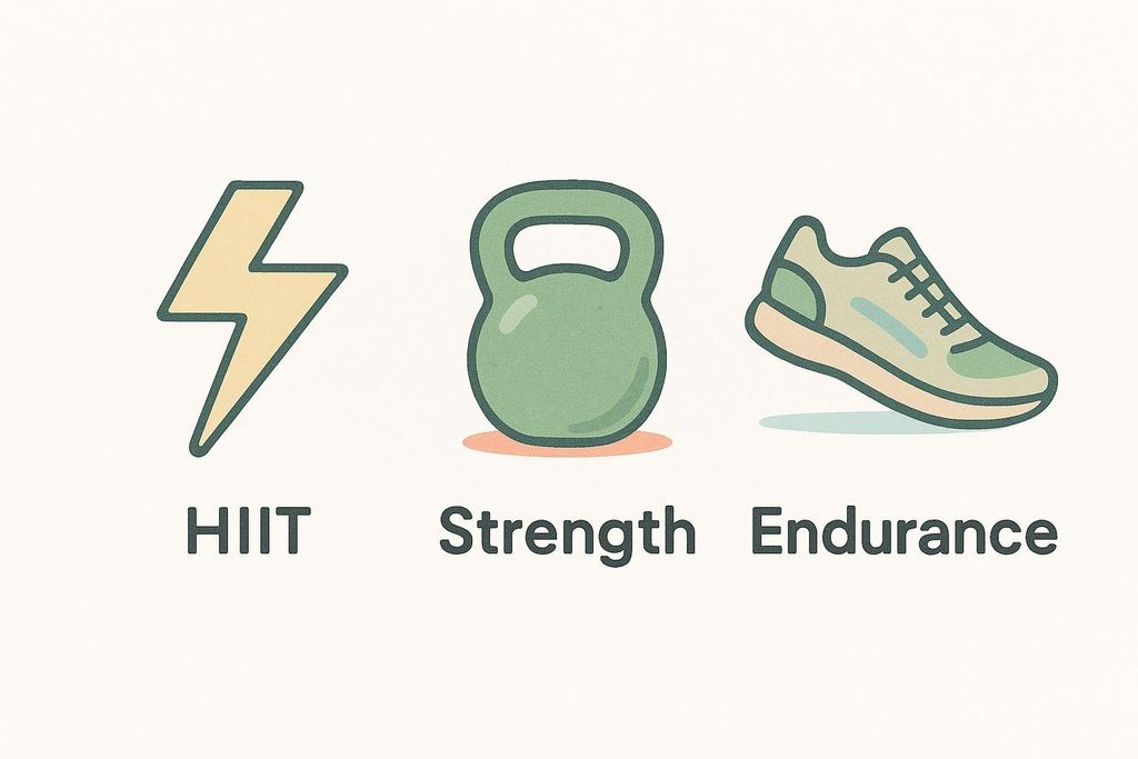 Three icons representing different types of workouts. From left to right: a yellow lightning bolt for HIIT, a green kettlebell for strength, and a green running shoe for endurance.