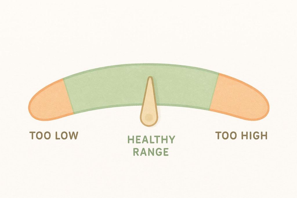 Illustration of a gauge with color-coded sections (orange for too low/high, green for healthy) indicating a healthy body fat percentage range, with the needle in the green healthy range.
