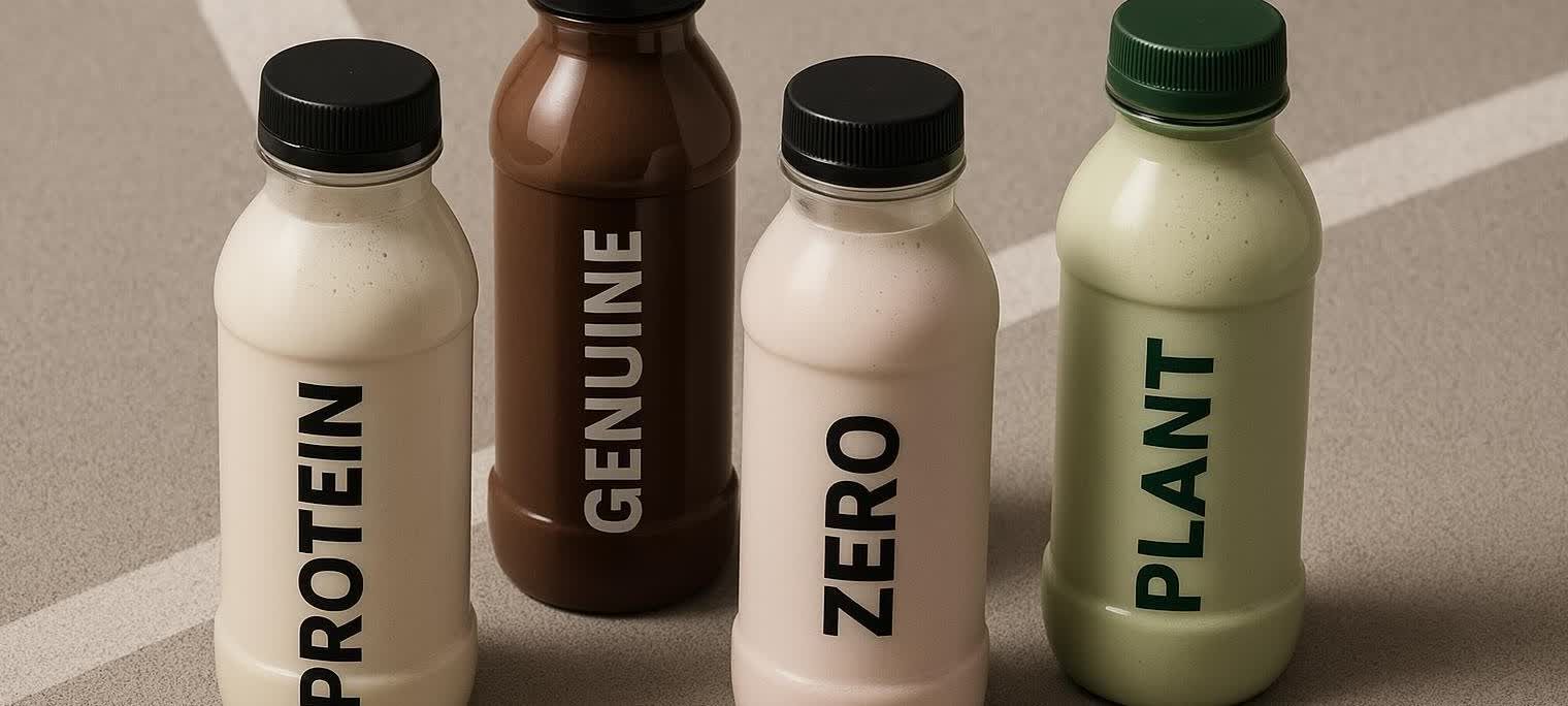 Four bottles of Muscle Milk protein shake variety pack: Protein, Genuine, Zero, and Plant.