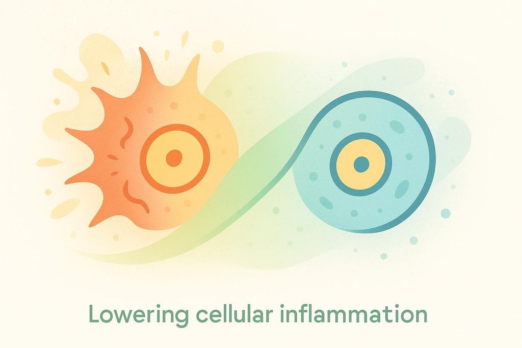 An abstract graphic depicting two cells, one red and spiky representing high inflammation, and one blue and smooth representing low inflammation. A gradient wave transitions between them, symbolizing the process of lowering cellular inflammation, with the text 'Lowering cellular inflammation' below.