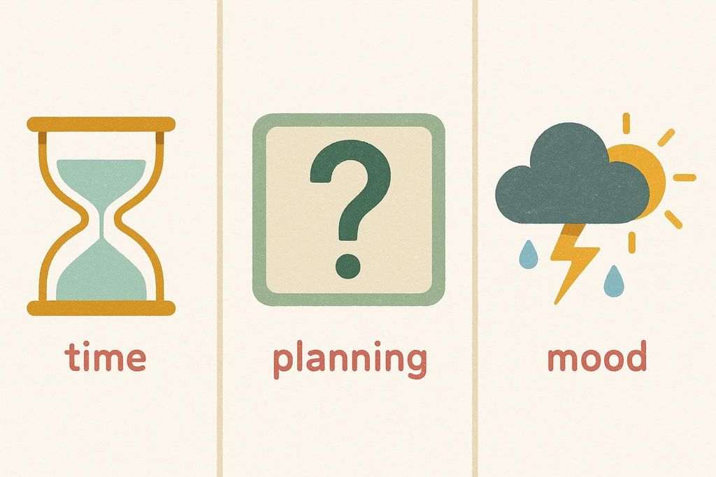 Decorative illustration depicting three common workout motivation blockers: an hourglass for 'time', a question mark for 'planning', and a weather icon (cloud, sun, lightning, rain) for 'mood'.