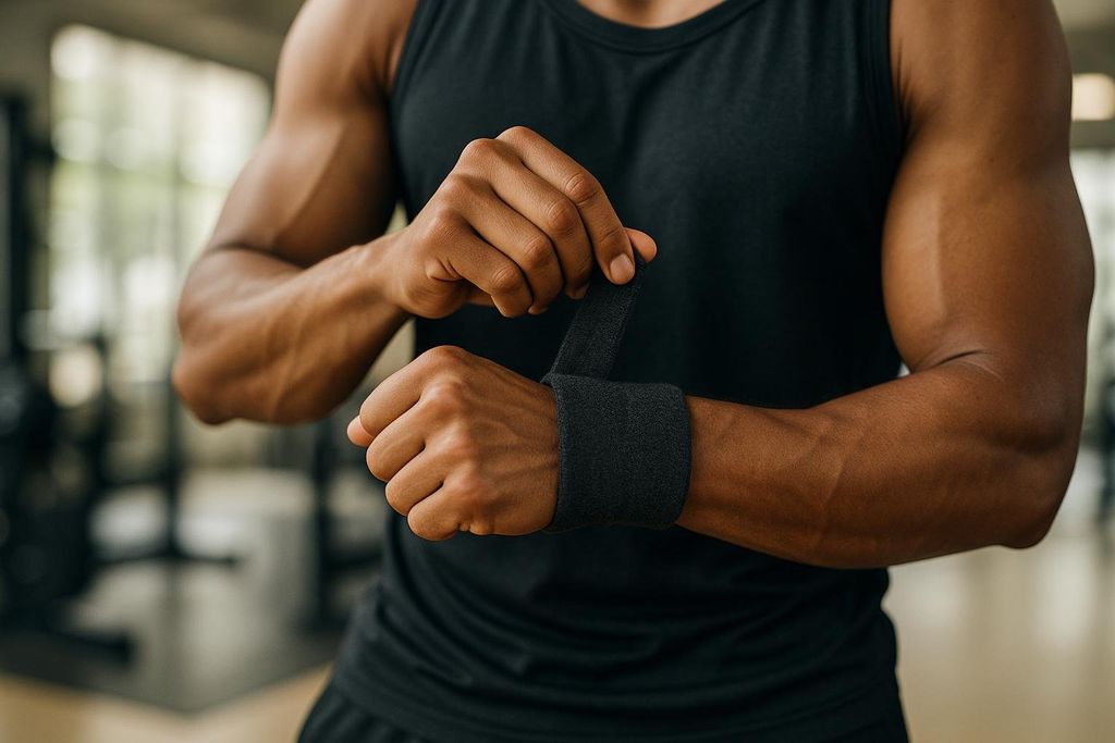 A close-up of a muscular man in a black tank top adjusting a black wrist sweatband in a gym. His arms are toned, and the background is blurred, showing gym equipment.