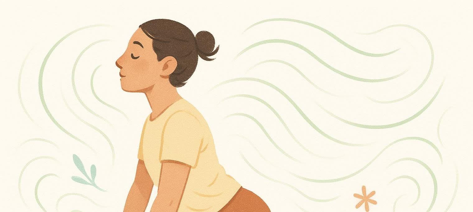 An illustration of a person with brown hair in a bun and a yellow shirt performing the cobra yoga pose with eyes closed. Green wavy lines and small plant shapes decorate the light background.